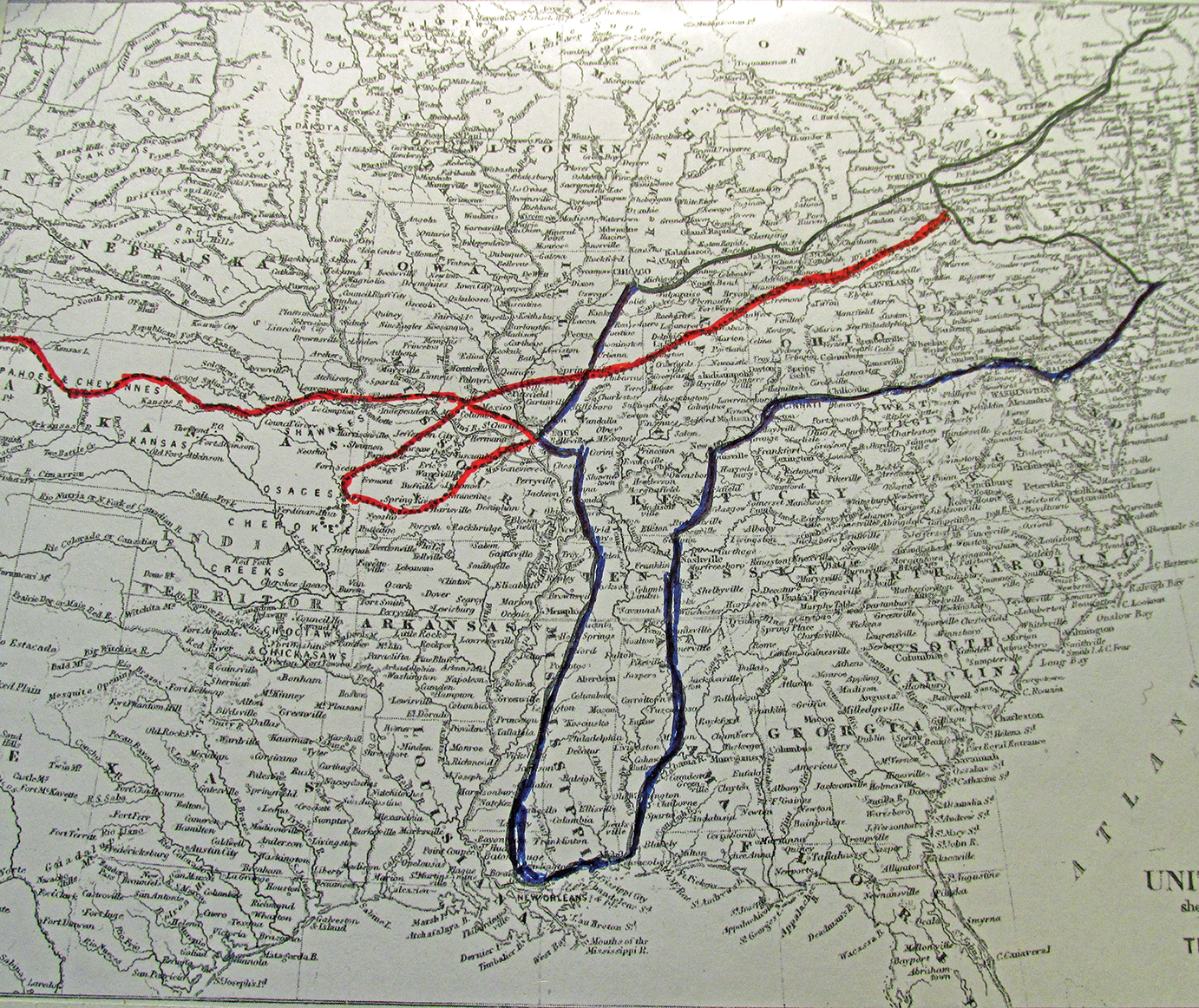 The red line is the hunter’s Western Route. The bolder blue line is the path of Col. Leech. The Northern heading line represents the course of the general Irish Party.